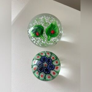 ART GLASS PAPERWEIGHT | Lot Of 2 | Millefiori / Leaf With Lady Bugs